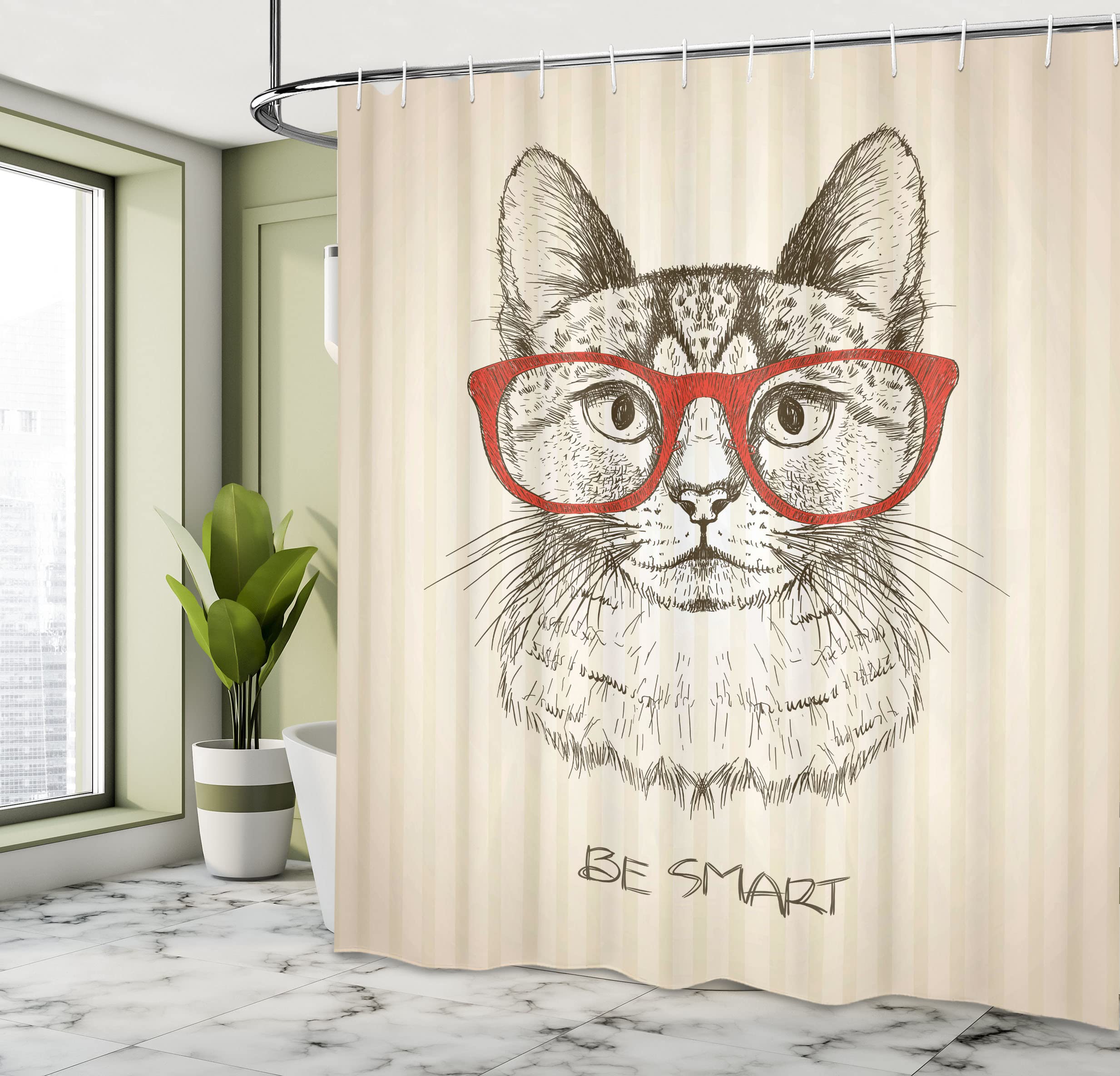 ABAKUHAUS Fricchettone Tenda da Doccia, Gatto con retro vetri, Tessuto Set di Decorazioni per il Bagno con Ganci, 175 x 200 cm, Verde Oliva Vermiglio