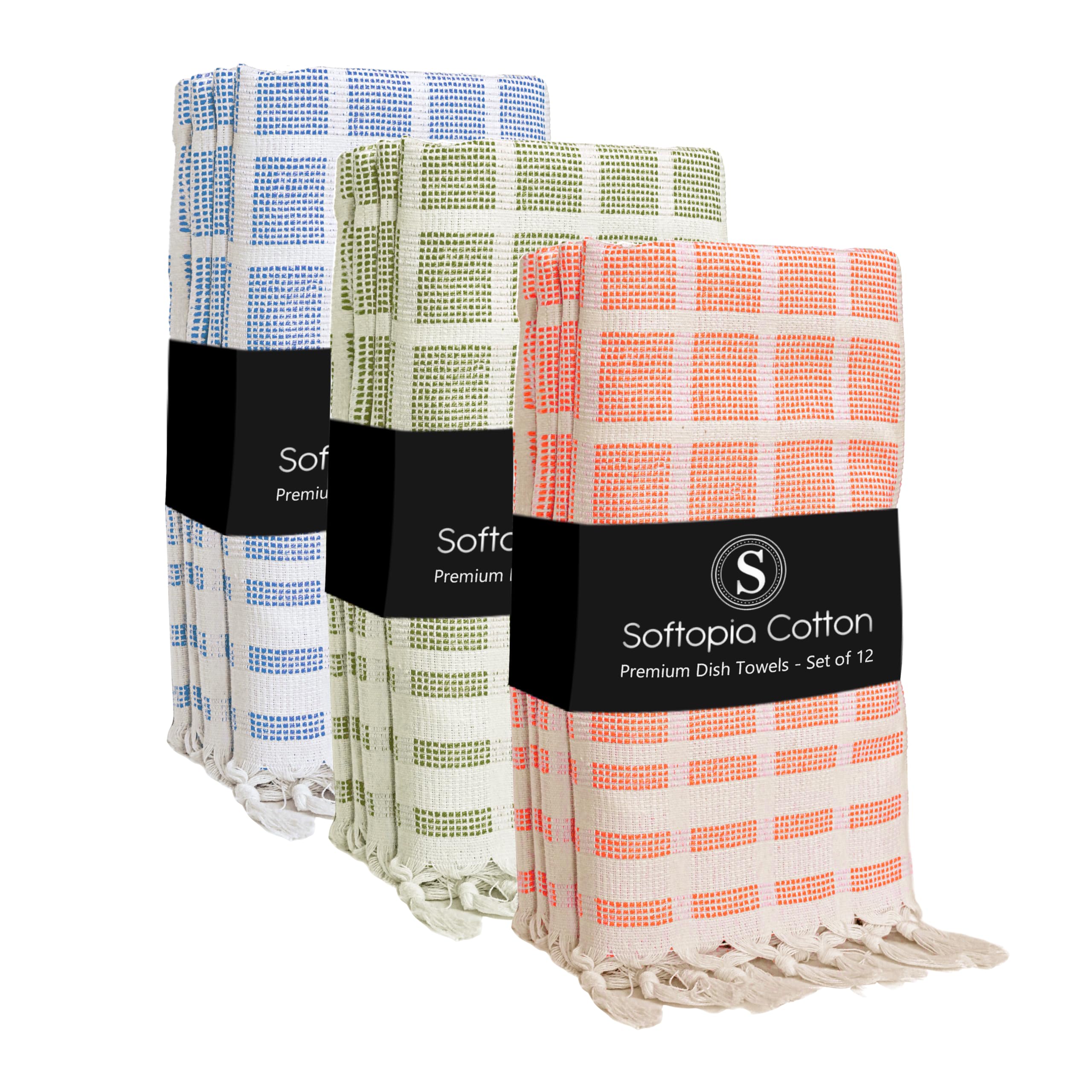 Matrix Dobby Kitchen Towels Set of 12, 100% Cotton, Combo Pack, 16"x26", Absorbent Tea Towels with Handmade Tassels, Reusable Cleaning Cloths - Orange, Mint Green, Sky Blue