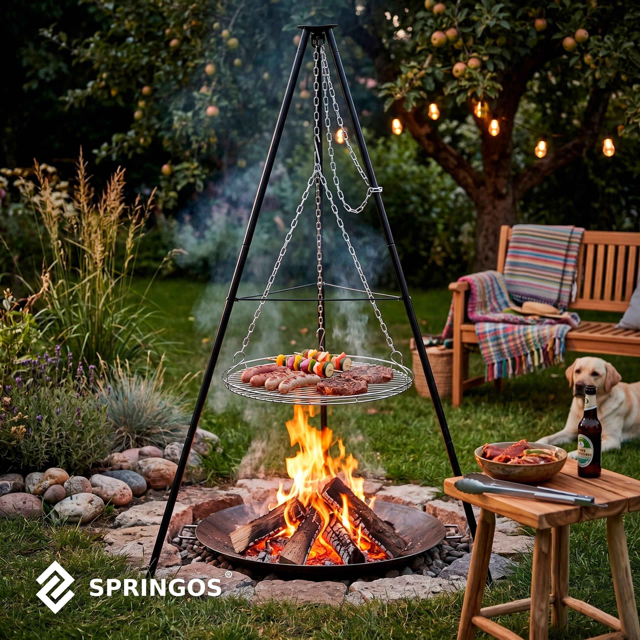 Springos Schwenkgrill Dreibein Grill mit Höhenverstellbarem Grillrost Holzkohlegrill BBQ Grill für Lagerfeuer Garten Terrasse Camping Outdoor Grillrost SPRINGOS