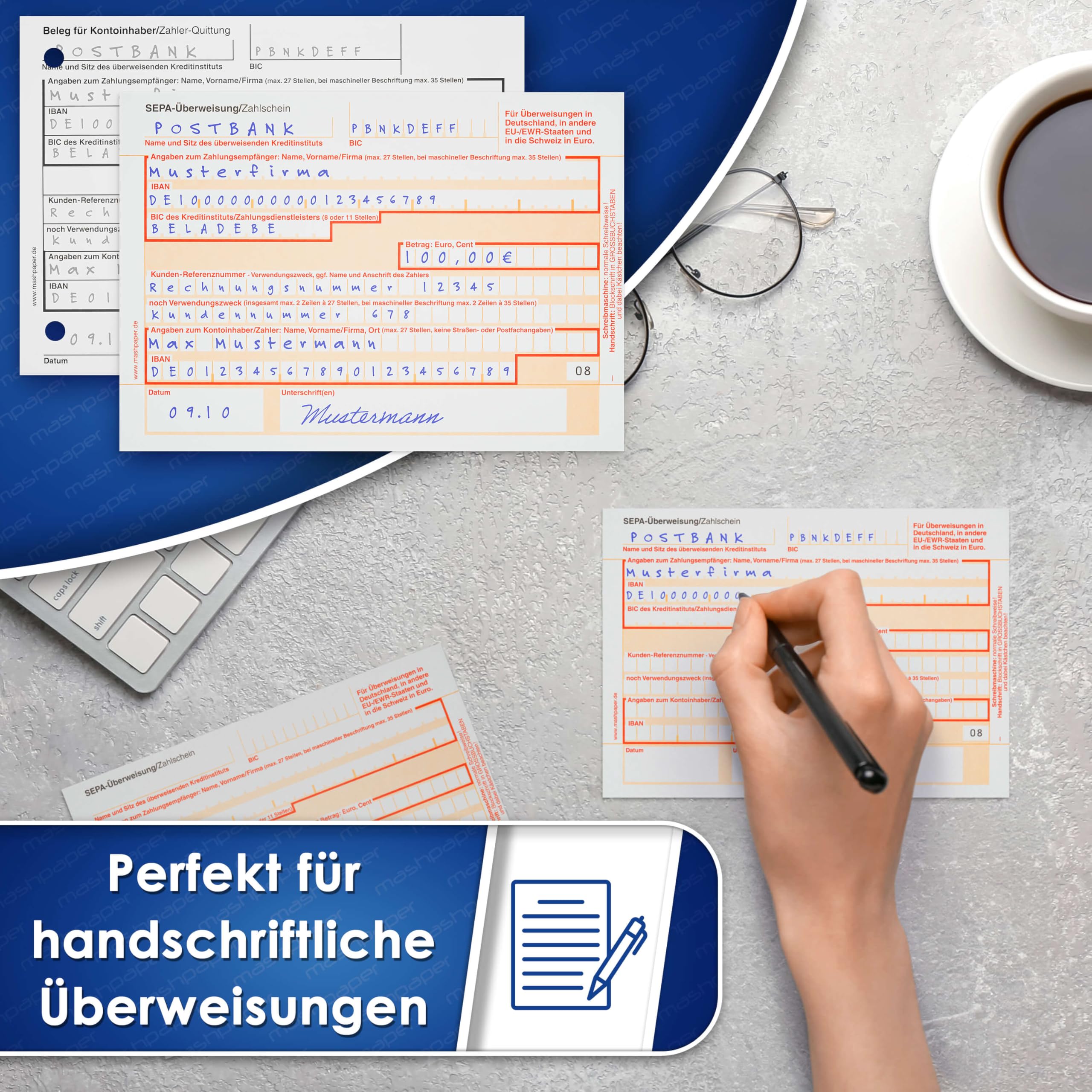 SEPA Überweisungsformular Zahlschein - 100 Stück Überweisungsträger 2-fach | Selbstdurchschreibender Überweisungsschein, DIN A6, 15 cm x 4 1/6 Zoll, ohne IBAN Vorbelegung, international nutzbar, 326211