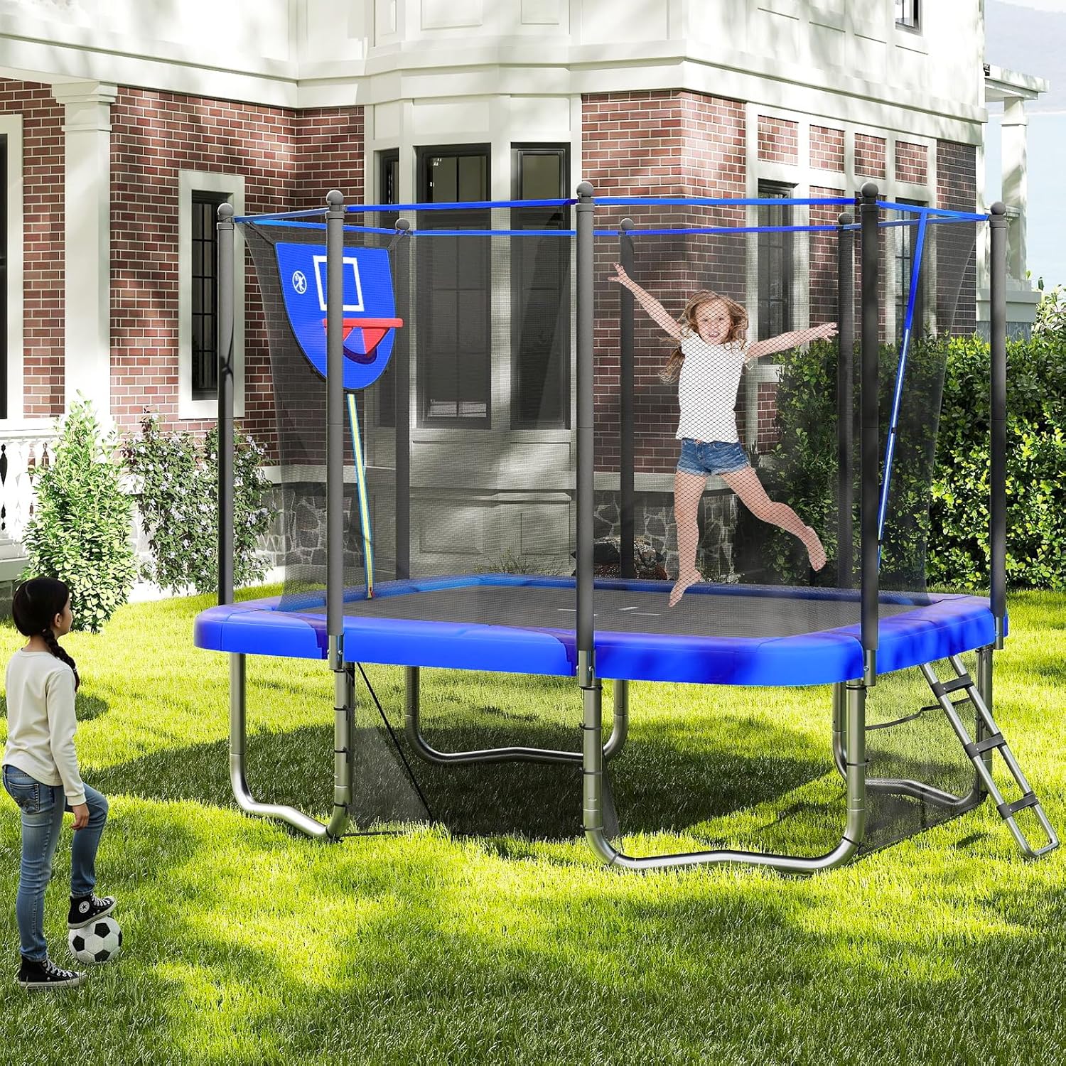 Children playing on the GYMAX trampoline with basketball hoop and soccer goal