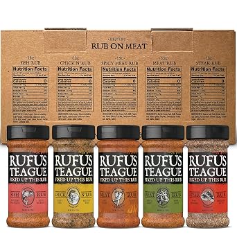 Rufus Teague Ultimate BBQ Gift Bundle for Men Who Love Grilling, Big Box O' Rub 5 Bold Dry Rubs & 2 Fiery Touch O Heat Premium BBQ Sauces