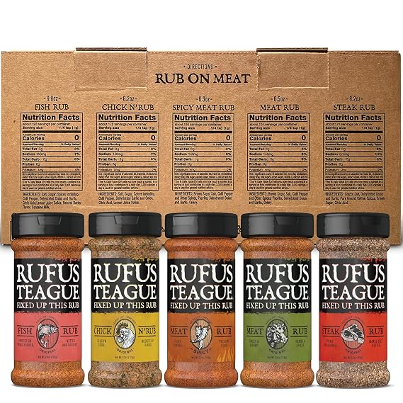 Rufus Teague Ultimate BBQ Gift Bundle for Men Who Love Grilling, Big Box O' Rub 5 Bold Dry Rubs & 2 Fiery Touch O Heat Premium BBQ Sauces