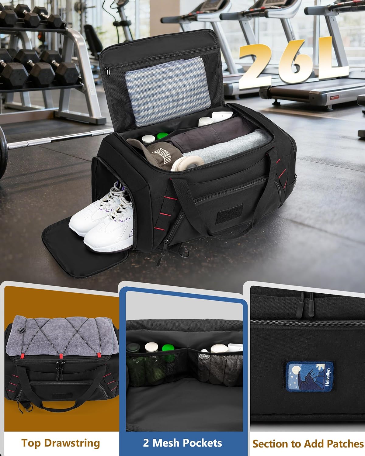 26L Gym Duffle Bag with Backpack Straps, Shoe Compartment and Wet Pocket, Small Duffle Bag for Travel and Sports, Black - Image 2