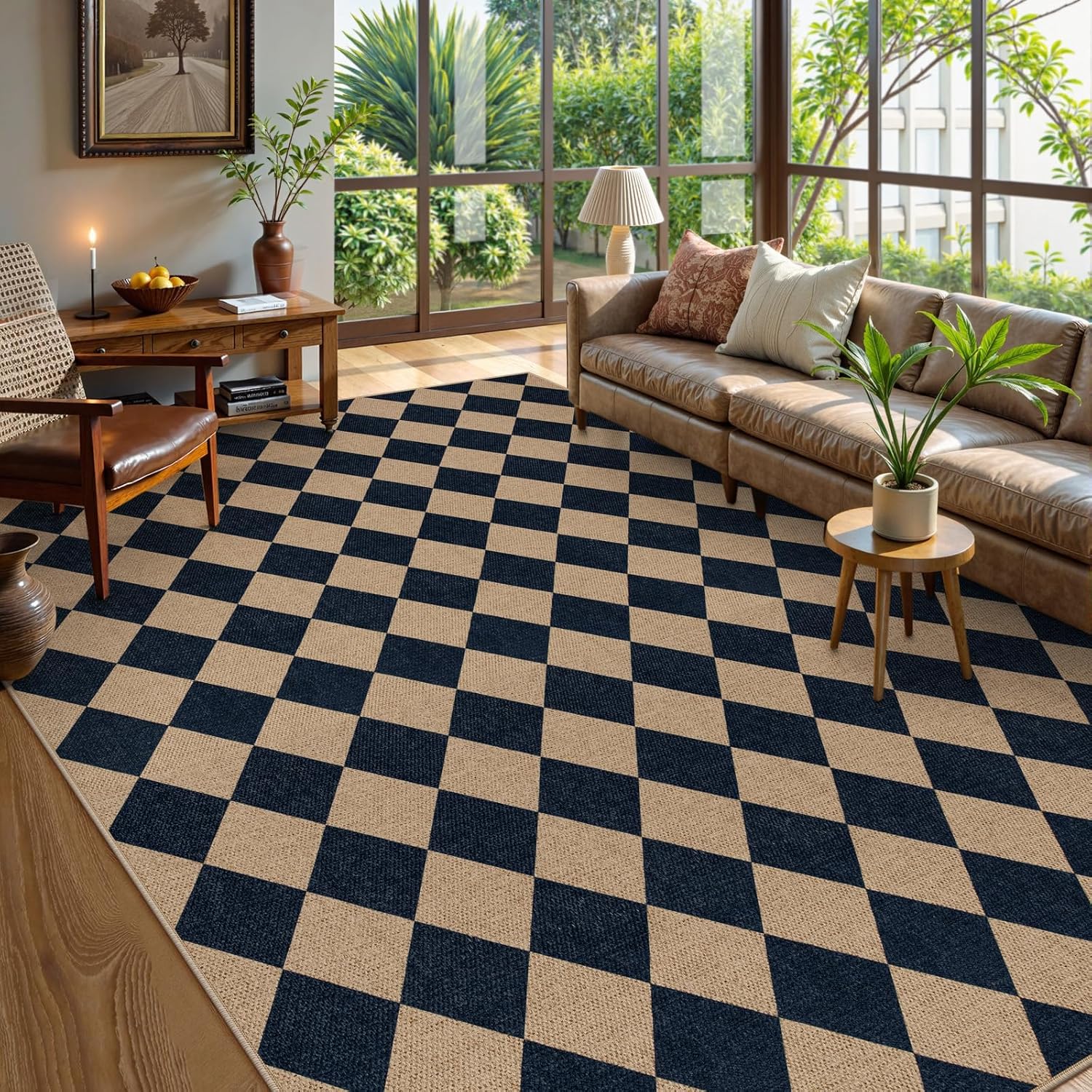 Lahome Checkered Easy Jute Carpet, 9x12 Dining Room Office Rug Large Neutral Washable Area Rug, Farmhouse Diamond Non Slip Non Shedding Floor Carpet for Patio Courtyard Living Room