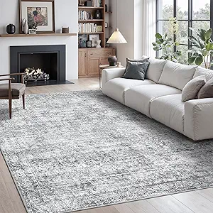 Rugland 6x9 Area Rugs - Stain Resistant Washable Rug, Anti Slip Rugs for Living Room, Vintage Tribal Area Rugs(Vintage01-Distressed Grey, 6'x9')
