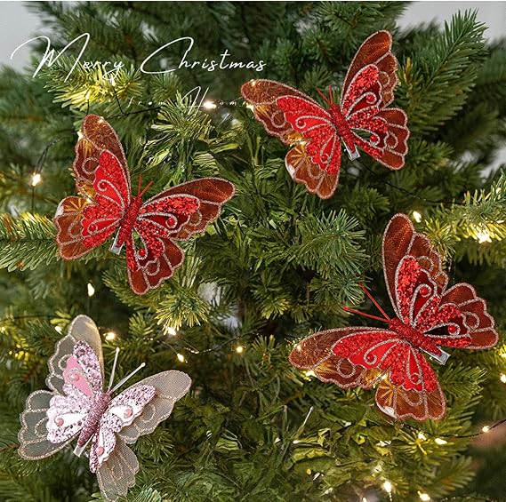 Butterfly Christmas Ornaments Small Cute Christmas Tree Decorations for Indoor Outdoor Unique Holiday Decor Christmas Party Home Decorations (Pink2)