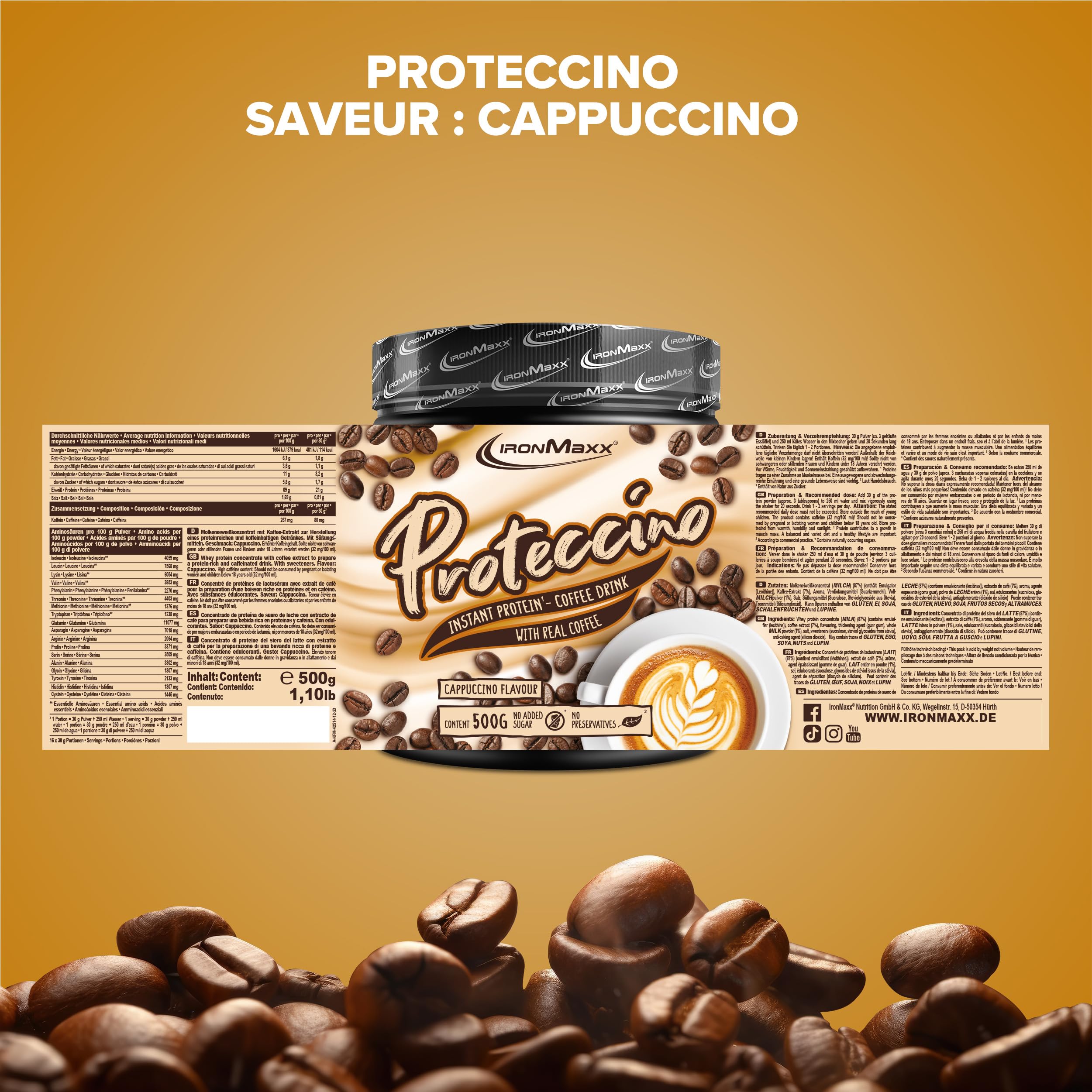 IronMaxx Proteccino Cappuccino 500 g – Café instantané protéiné avec whey protéine et caféine, sans sucres ajoutés, poudre pour boisson protéinée gourmande, idéale pour routine sportive