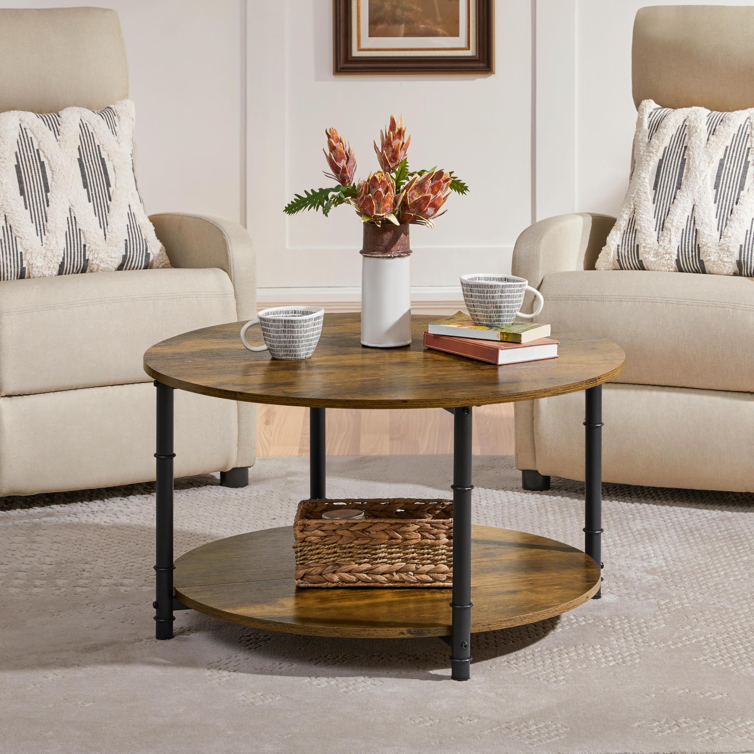 Yaheetech Round Coffee Table with Storage Shelf 2 Tier Wood Coffee Table for Living Room Modern Accent Center