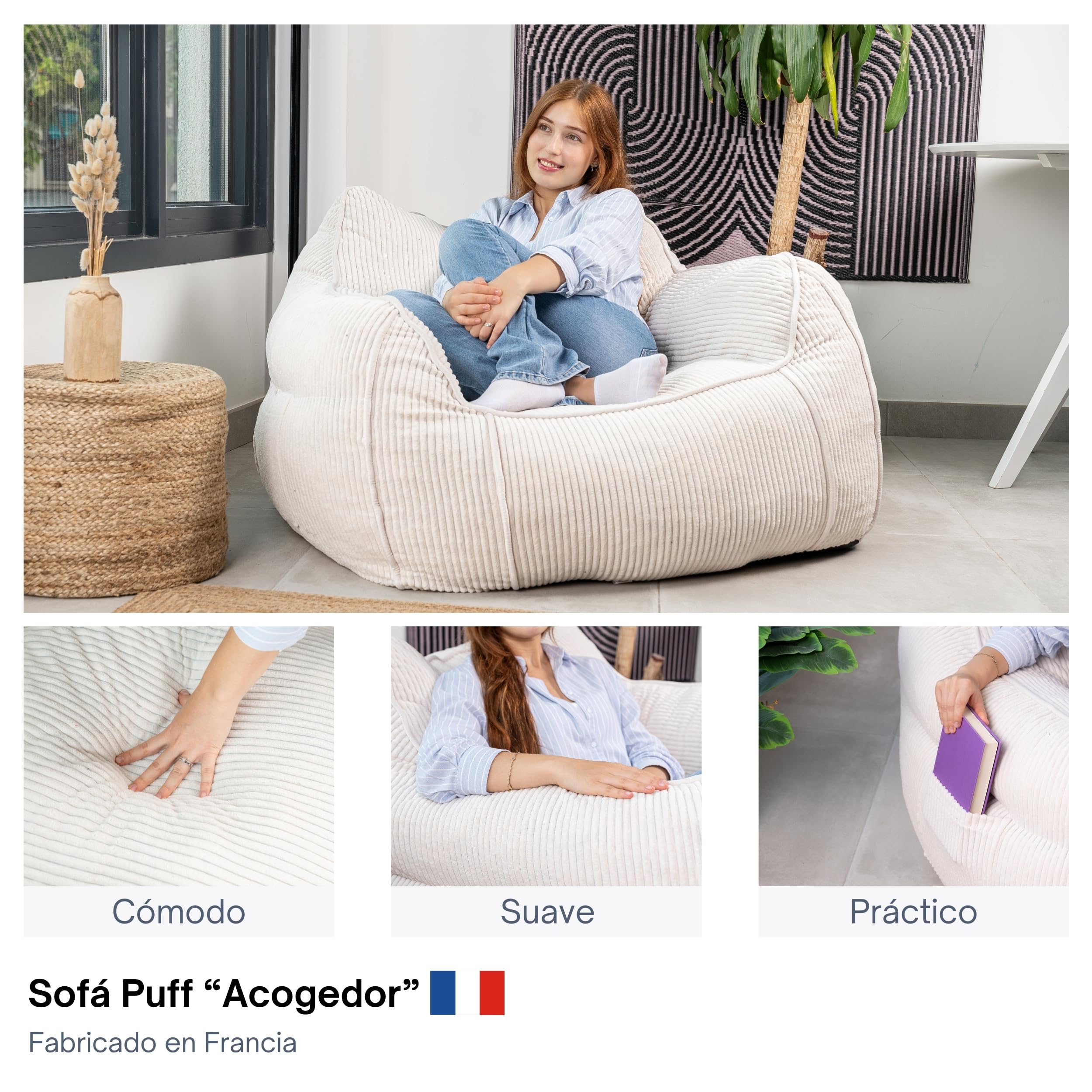 bananair - Puff Gigante de Salón y Habitación en Tela de Pana - Elegante y Cómodo - Puff Pera con Relleno Incluido Ideal para Crear un Ambiente Acogedor (Blanco Roto)