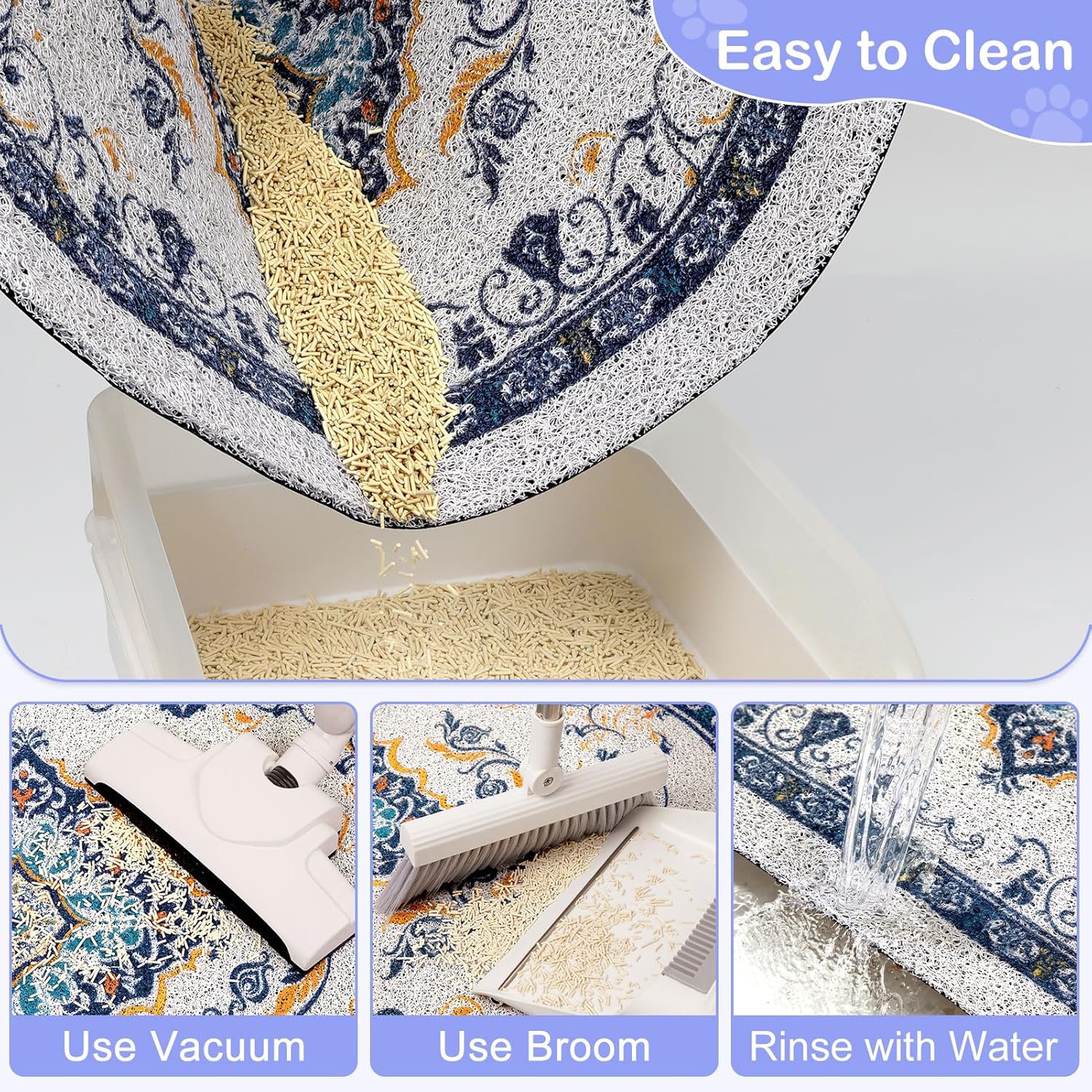 Bienbee Cat Litter Mat, 40" x 30" Jumbo Size Litter Box Mat Rug with Non-Slip Bottom, Urine and Water Proof, Easy to Clean Cat Supplies Essentials for Indoor Kitty Kitten Floor, Blue XL