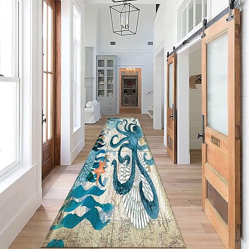 Alfombra de corredor de mapa de pulpo azul, 2 x 7 pies, alfombra larga con estampado de animales oceánicos para pasillo, interior vintage bajo el