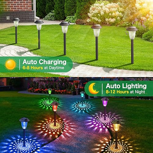 Miniatura 6 de Luces solares para camino, paquete de 8 luces solares de color brillante que cambian de color blanco cálido, luces solares impermeables para