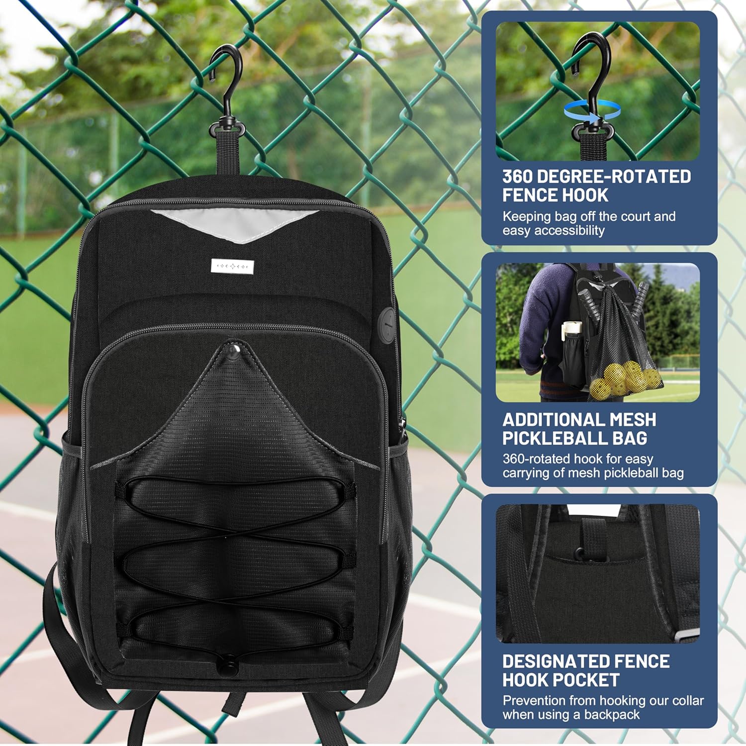 Pickleball Bag - Men's & Women's Pickleball Backpack, Adjustable Sling Bag with Large Capacity/Safety Pocket Ventilated Racket Compartments, Black