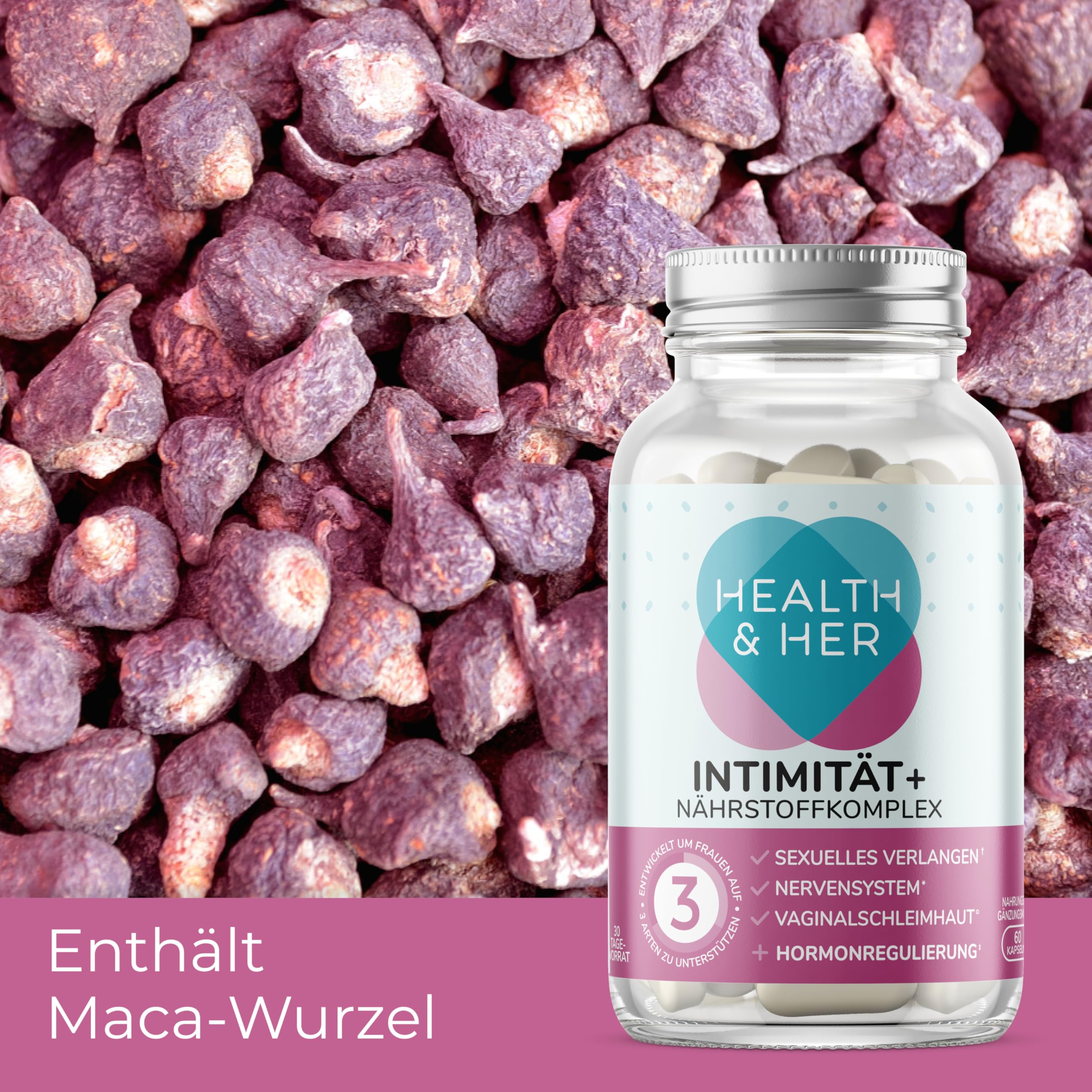 Health & Her Intimität+ Libido Booster für Frauen - Wechseljahre Kapseln - Enthält Maca-Wurzel und Tribulus - 1 Monatsvorrat - 60 vegane Tabletten
