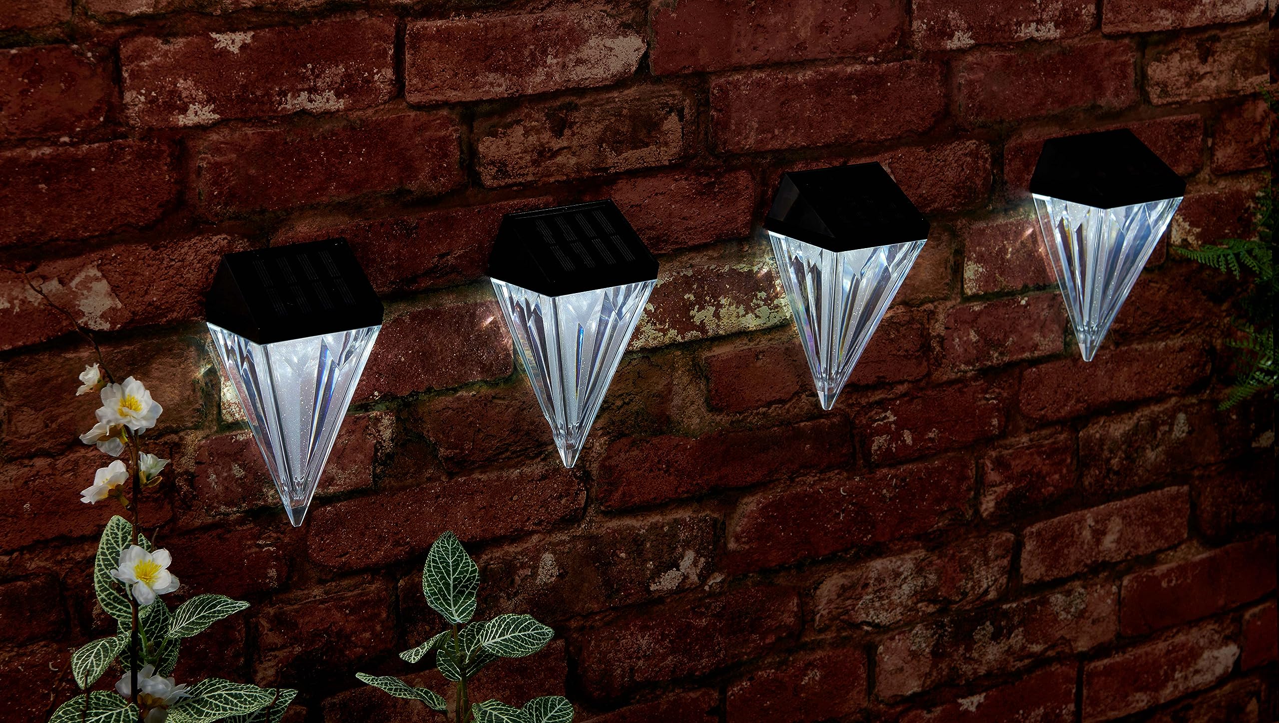 PowerTekPack of 4 Solar Powered Diamond Shaped Wall Lights, Automatic on, 2 LED White Bulbs, W9.5 x D6.5 x H17cm