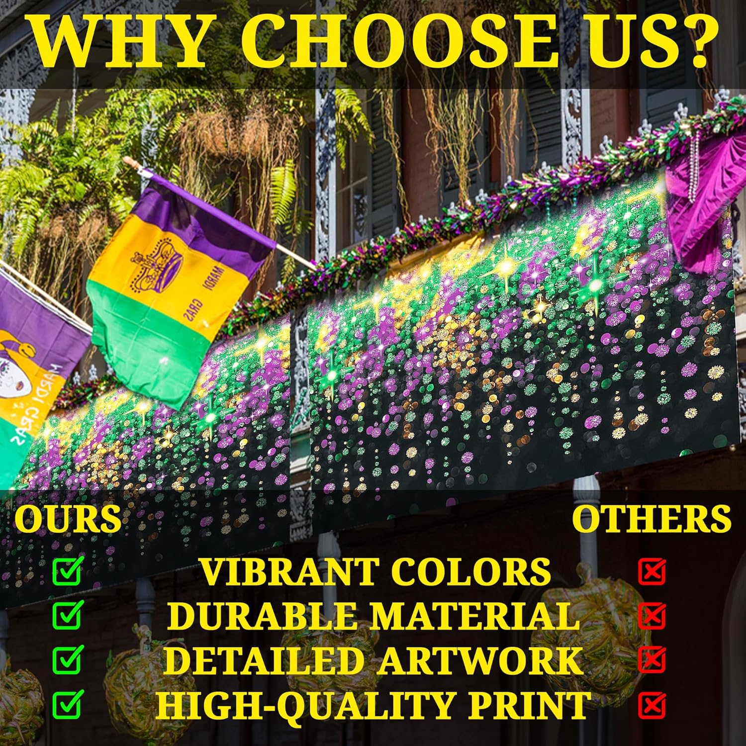 Mardi Gras Beads Backdrop Banner - 9 feet x 6 feet - Party Wall Decor and Photo Props