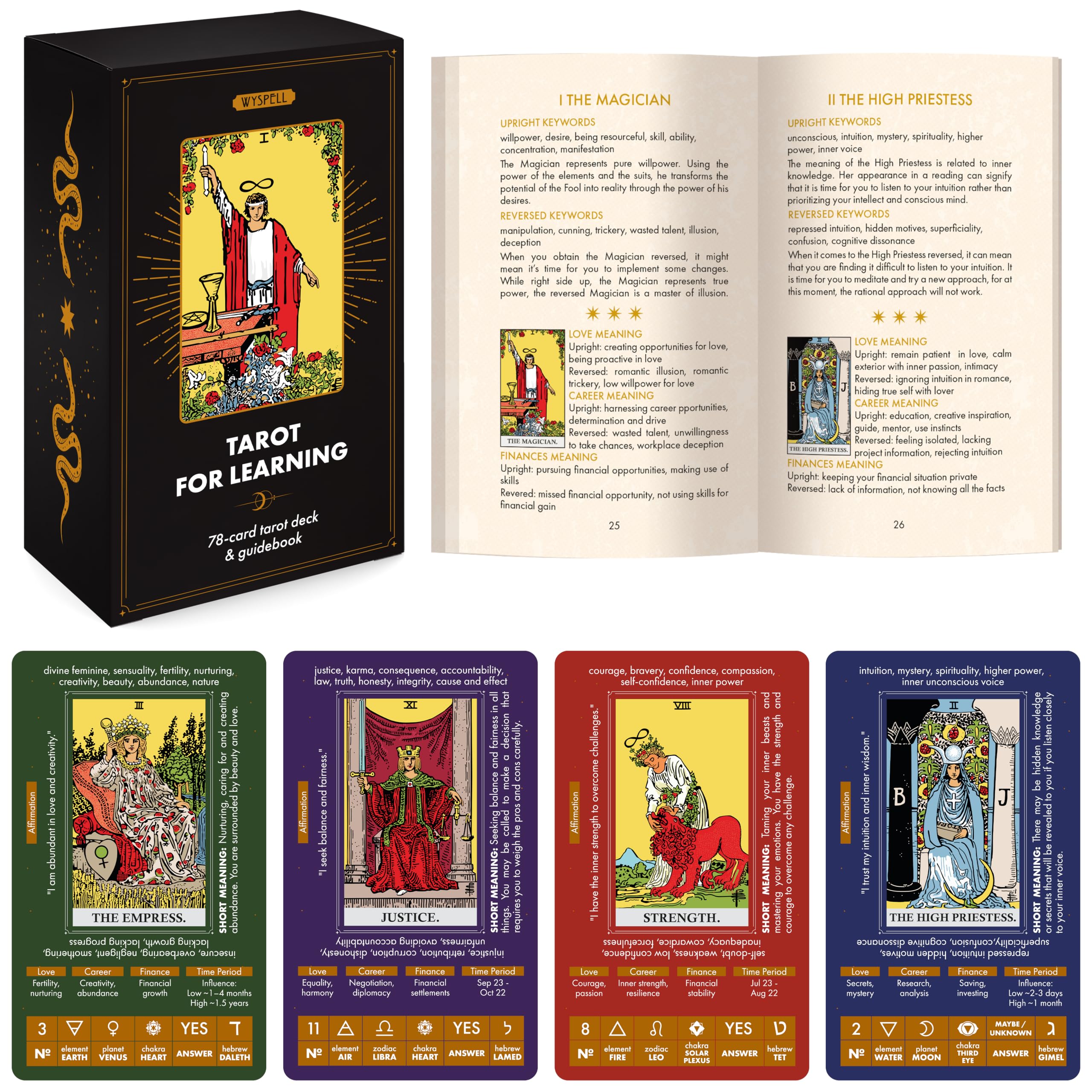 Wyspell Tarot for Learning - Tarot Cards with Meanings on Them & Guidebook