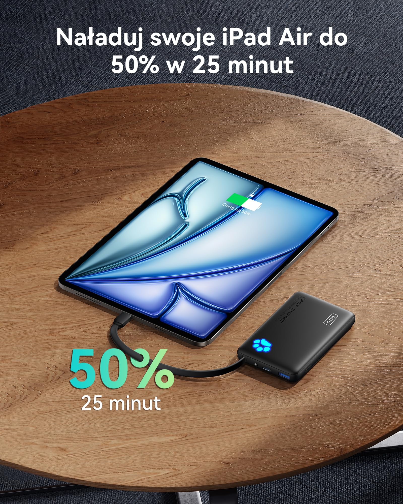 INIU Mini Power Bank 45W 10000 mAh ze Zintegrowanym Kablem USB-C, PD3.0 QC4.0 USB C In&Out, Mała, Ale Potężna Zewnętrzna Bateria do Telefonu Komórkowego z iPhone 16 15 14 13 12 Pro Max Mini iPad itp.