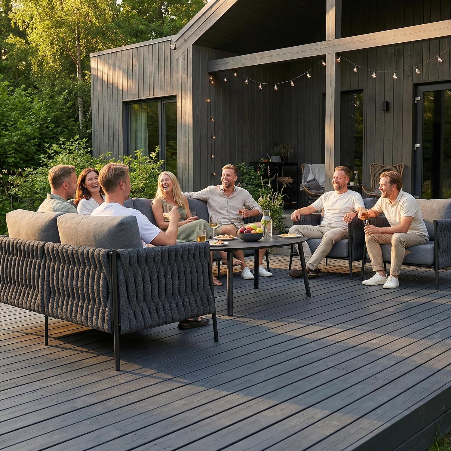 LayinSun 4 Piece Outdoor Furniture Set with Fire Pit Table, Modern Rope Woven Patio Conversation Sofa Set with Olefin Braid and Deep Seating