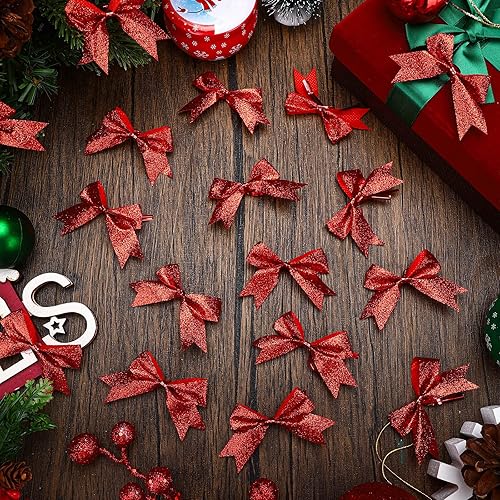 Miniatura 10 de 100 lazos de cinta de Navidad de 2 pulgadas, lazos con purpurina, mini lazos preatados, lazos de Navidad brillantes, lazos de poliéster para