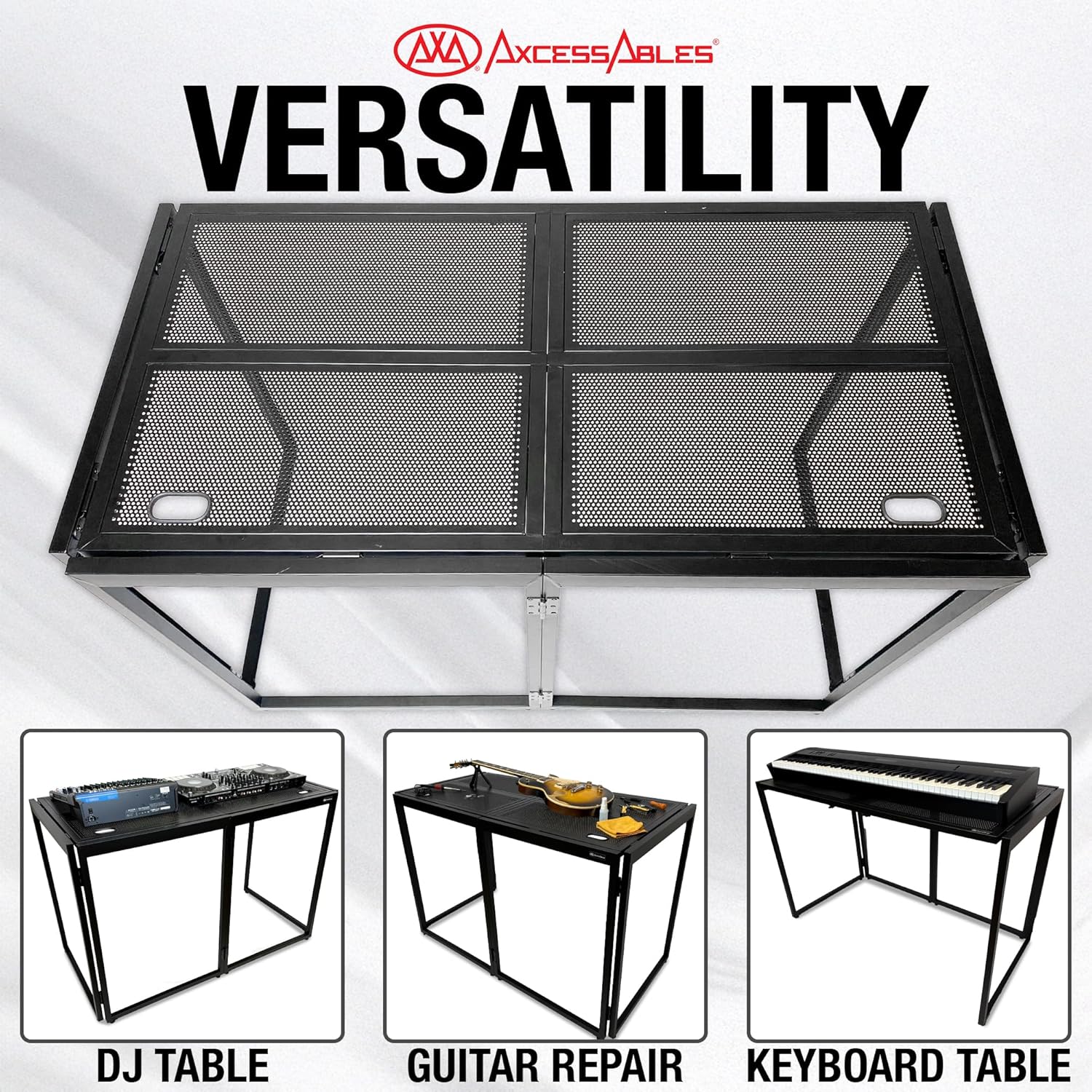 AxcessAbles Portable DJ Table XL – 54” x 27” Music Workstation | 35” Standing Height, 400lb Capacity | Collapsible FOH Sound Desk for DJs, Mixing Consoles, Guitar Techs| Recording Desk | DJ Booth