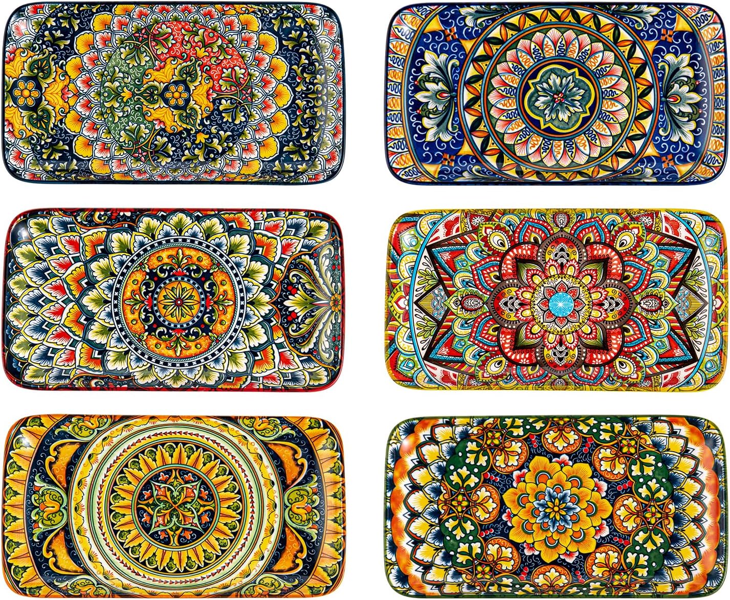 Henten Home Ceramic 10 Inch Salad Plates, Porcelain Rectangular Dessert Plate Set of 6, Bohemian Serving Dishes for Sushi, Pasta, Appetizer, Microwave & Dishwasher Safe