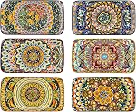 Henten Home Ceramic 10 Inch Salad Plates, Colorful Rectangular Plate Set of 6, Boho Serving Dishes for Sushi, Pasta, Dessert, Appetizer, Microwave & Dishwasher Safe