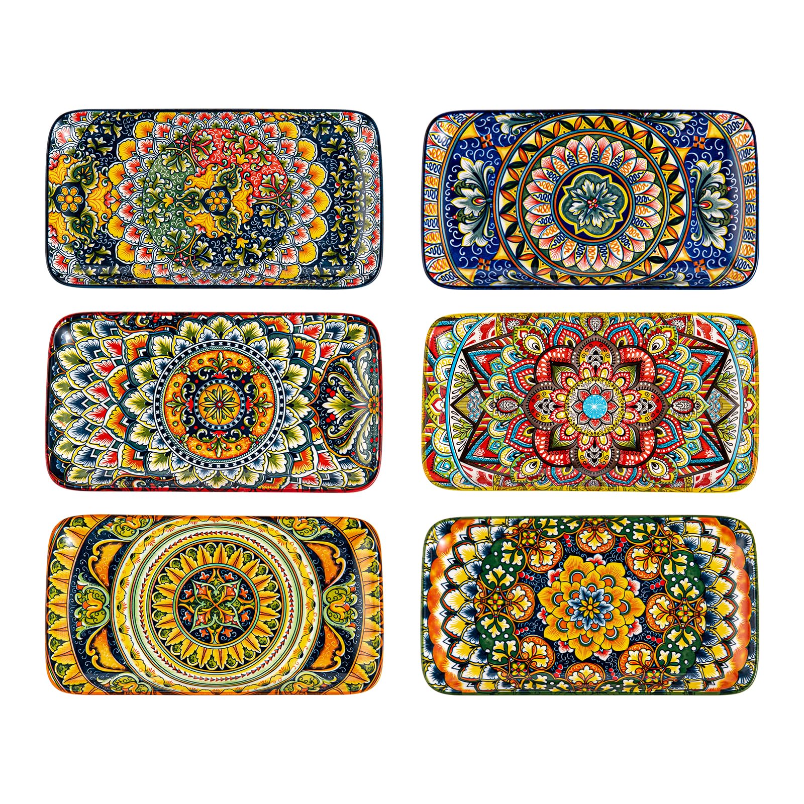 Platos Rectangular, Bandeja para Servir 6 Unidades - 25,5 cm, Platos para Aperitivos, Sushi, Frutas, Ensaladas, Microondas, Horno y Lavavajillas - Multicolor