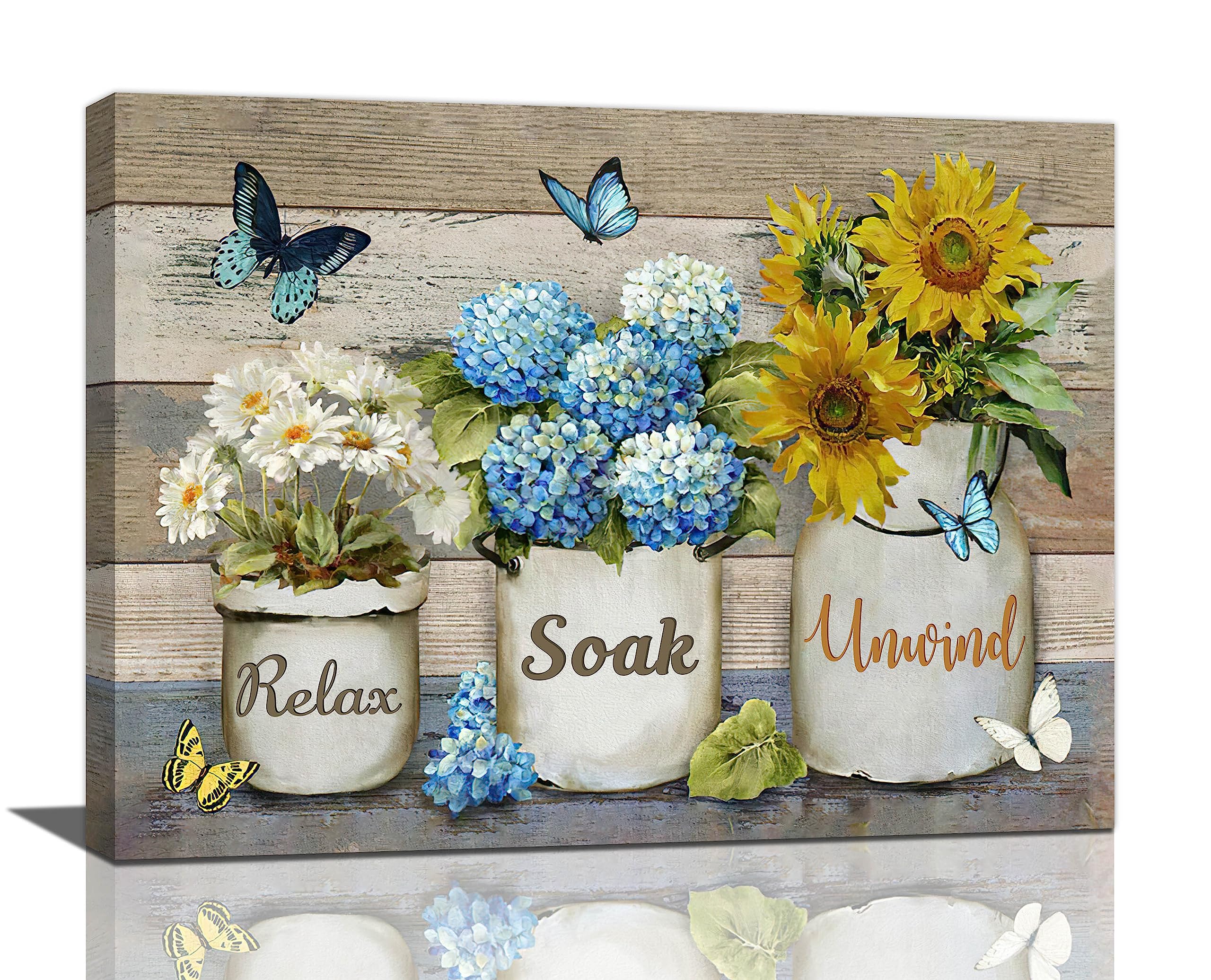 Farmhouse Sunflower Daisy Bathroom Decor Wall Art Rustic Floral Butterfly Pictures Wall Decor Relax Soak Unwind Bathroom Sign Canvas Painting Prints Artwork Decorations Framed for Bathroom 16"x12"