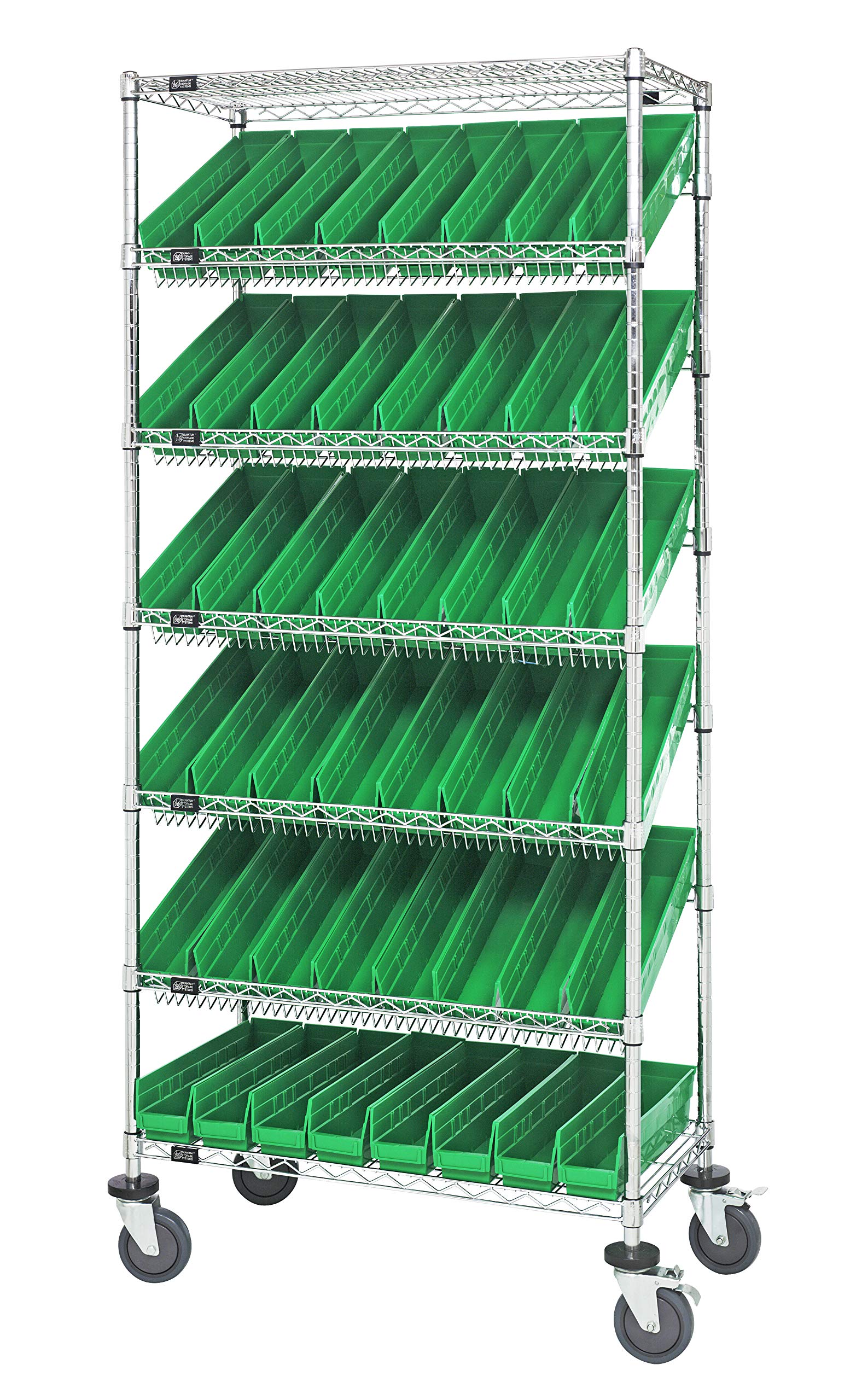 Quantum MWRS-7-103GN Chrome Mobile Bin System Unit with (48) QSB103 Green Bins (2) Flat and (5) Slanted Wire Shelves for Industrial Warehouse | 400 lbs Load Capacity | 36