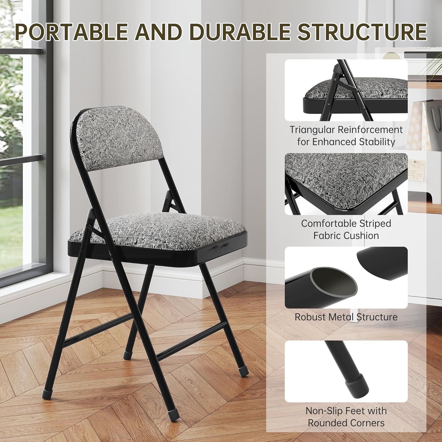 4 Pack Padded Cushion and Back Folding Chairs, Fabric Dining Chair Set with Steel Frame Metal for Home and Office, for Indoor and Outdoor Events, (Fabric Gray)