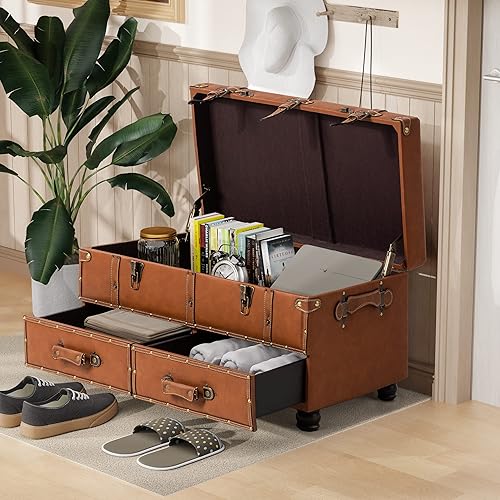 Miniatura 6 de LONYKE Banco Cofre del Tesoro Vintage con Cierre de Pestillo y Baúl con Hebilla, Banco Otomán de Almacenamiento de Cuero Sintético Estilo Granja