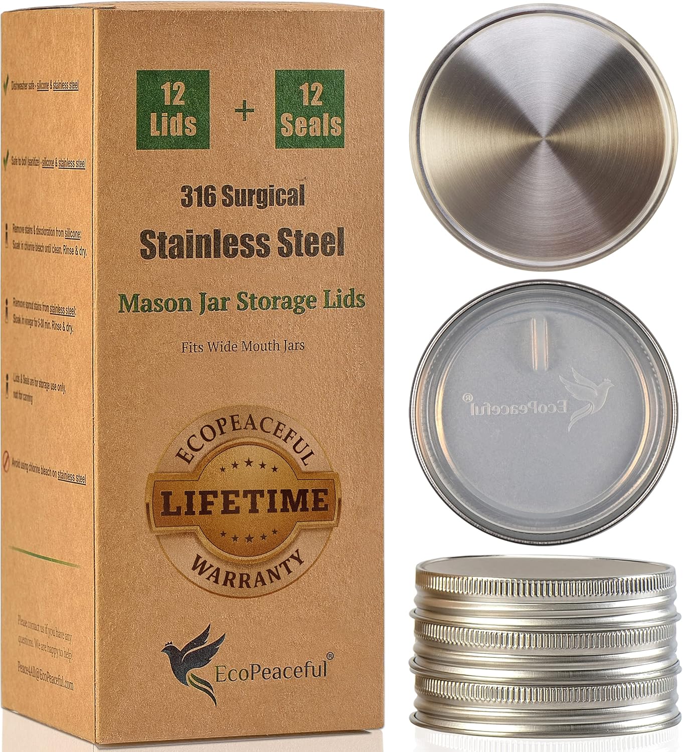 316 Surgical Stainless Steel Mason Jar Lids WIDE Mouth – Rust-proof, Airtight, Leak-proof, BPA-Free, PVC-free, Vegan, Reusable – Not for Canning
