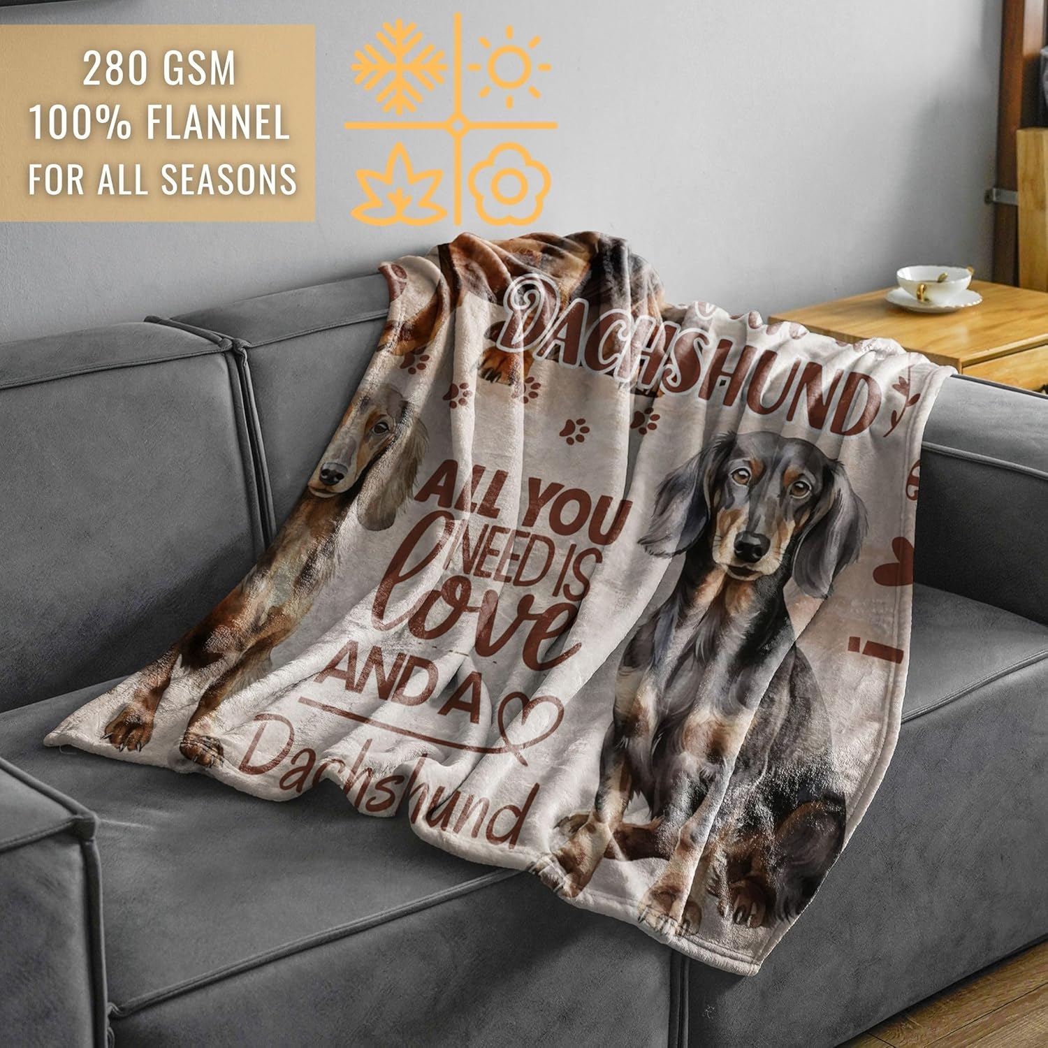 Dachshund Gifts for Women, Weiner Weenie Flannel Throw Blanket for Dog Mom Dad Owner, Beige, 50x65 Inches - Image 6