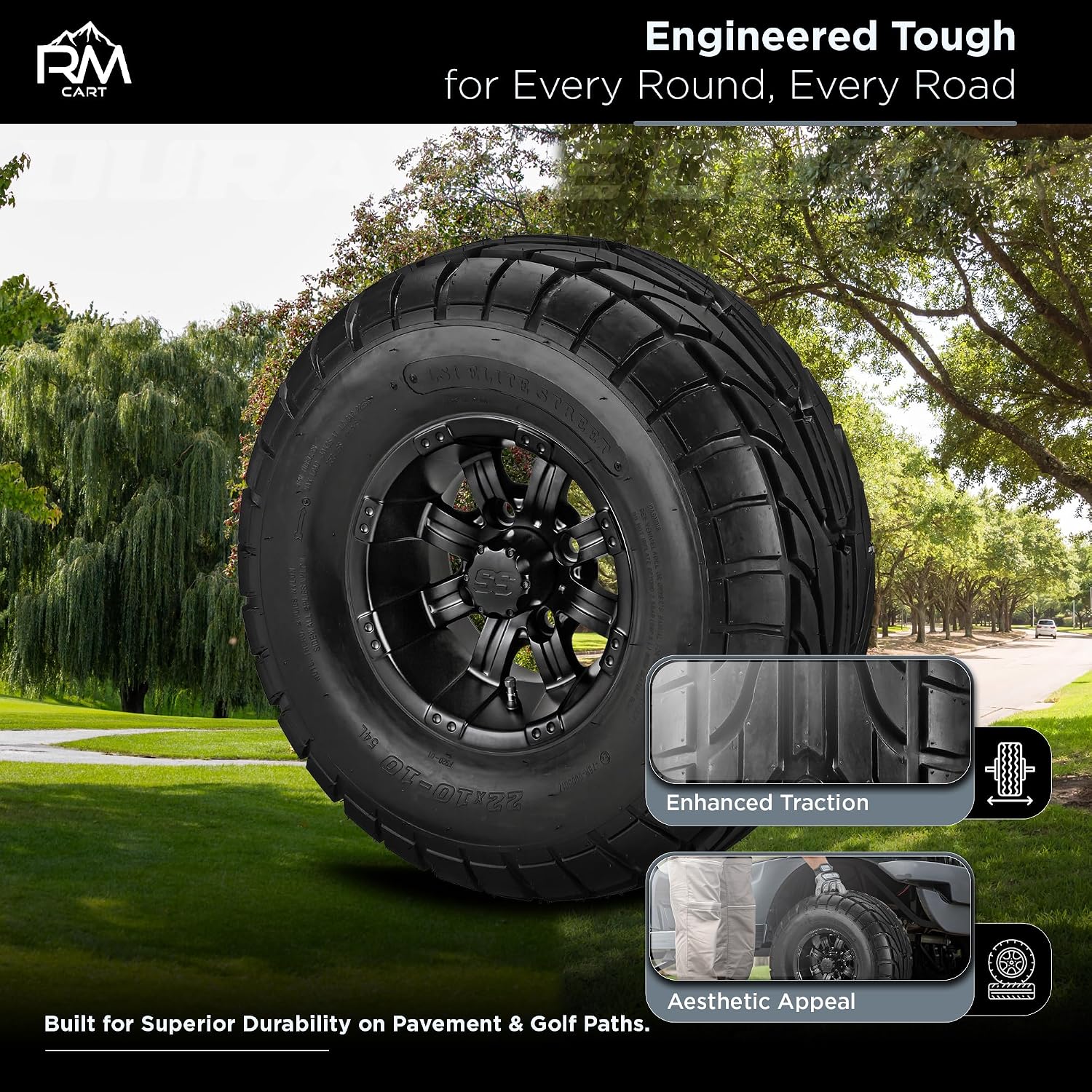 RM Cart 10" Casino Matte Black on a 22x10-10 LSI Elite Street Tire (Set of 4) | Golf Cart Tires and Wheels Combo with Standard Lug Nuts