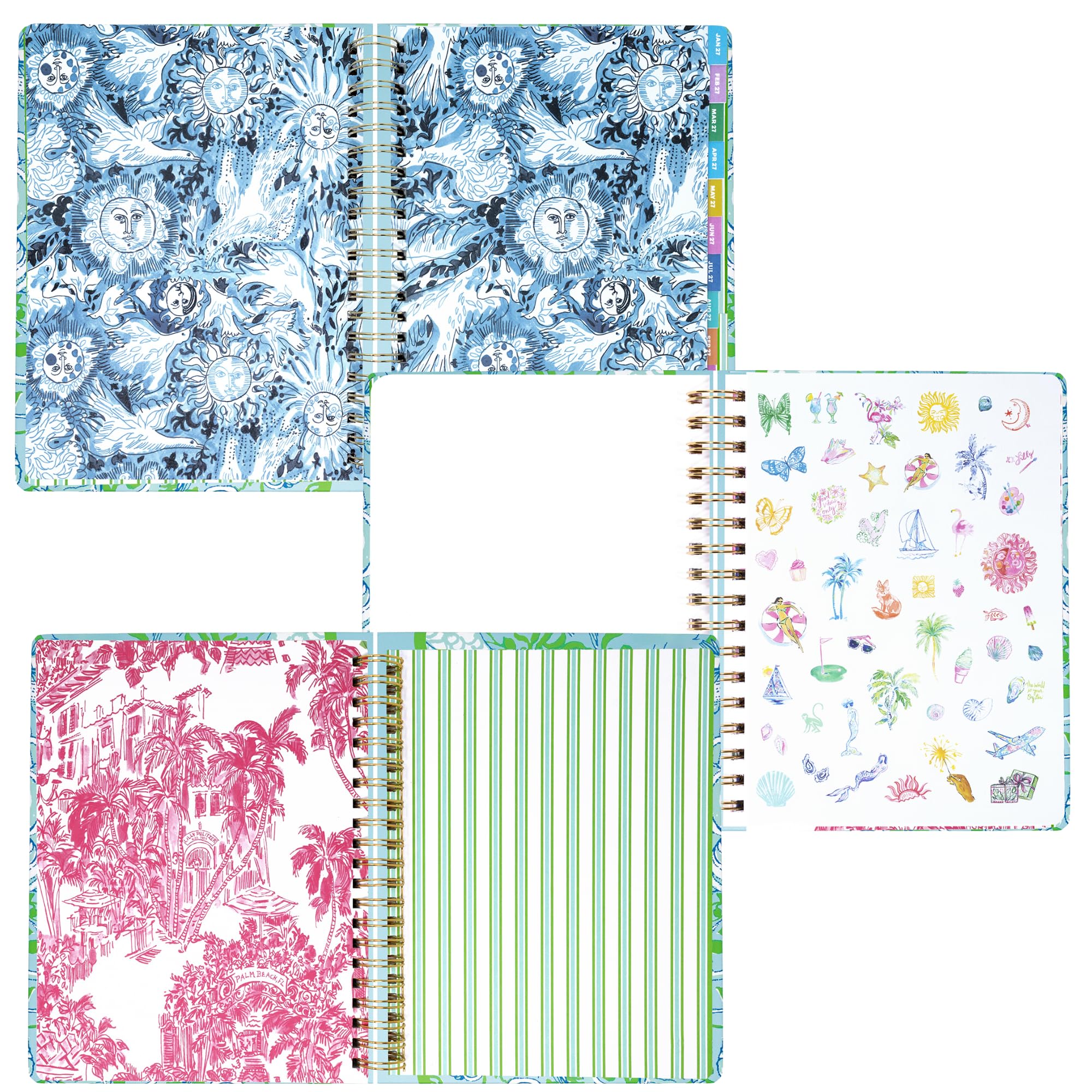 Lilly Pulitzer Agenda Jumbo 17 mesi, 21,9 x 28,3 cm, datata agosto 2026-dicembre 2027, rilegatura a spirale dorata e chiusura elastica, layout settimanali e mensili, adesivi, pagine di viaggio e