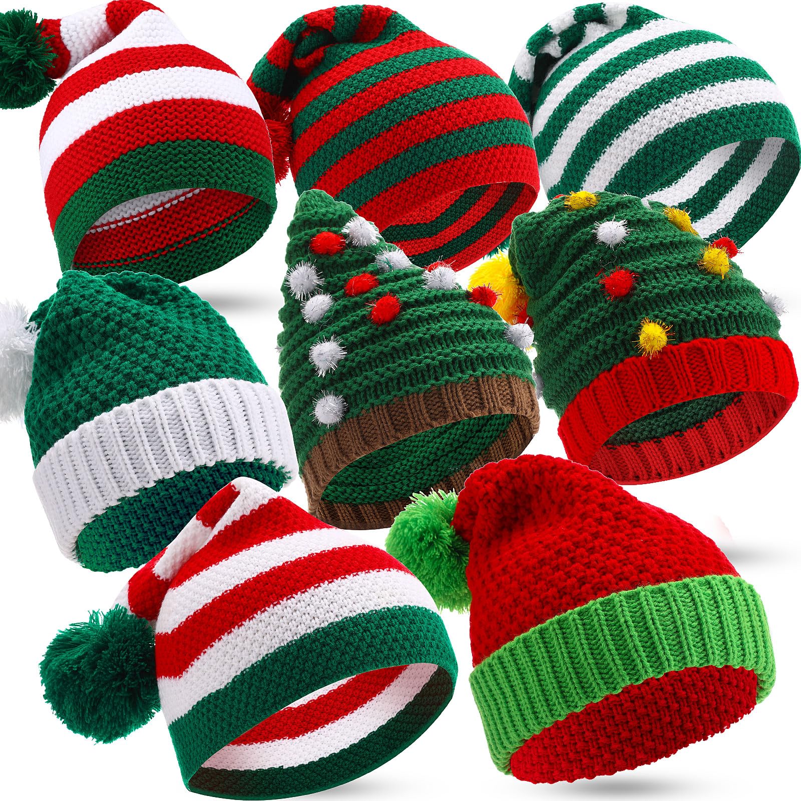 8 Stück Weihnachtsmannmützen Erwachsene Weihnachten Winter Gestrickt Häkeln Beanie Winter Weihnachtsmützen mit Pom Pom Elf Hut Urlaub Strickmütze, Mehrfarbig, Einheitsgröße