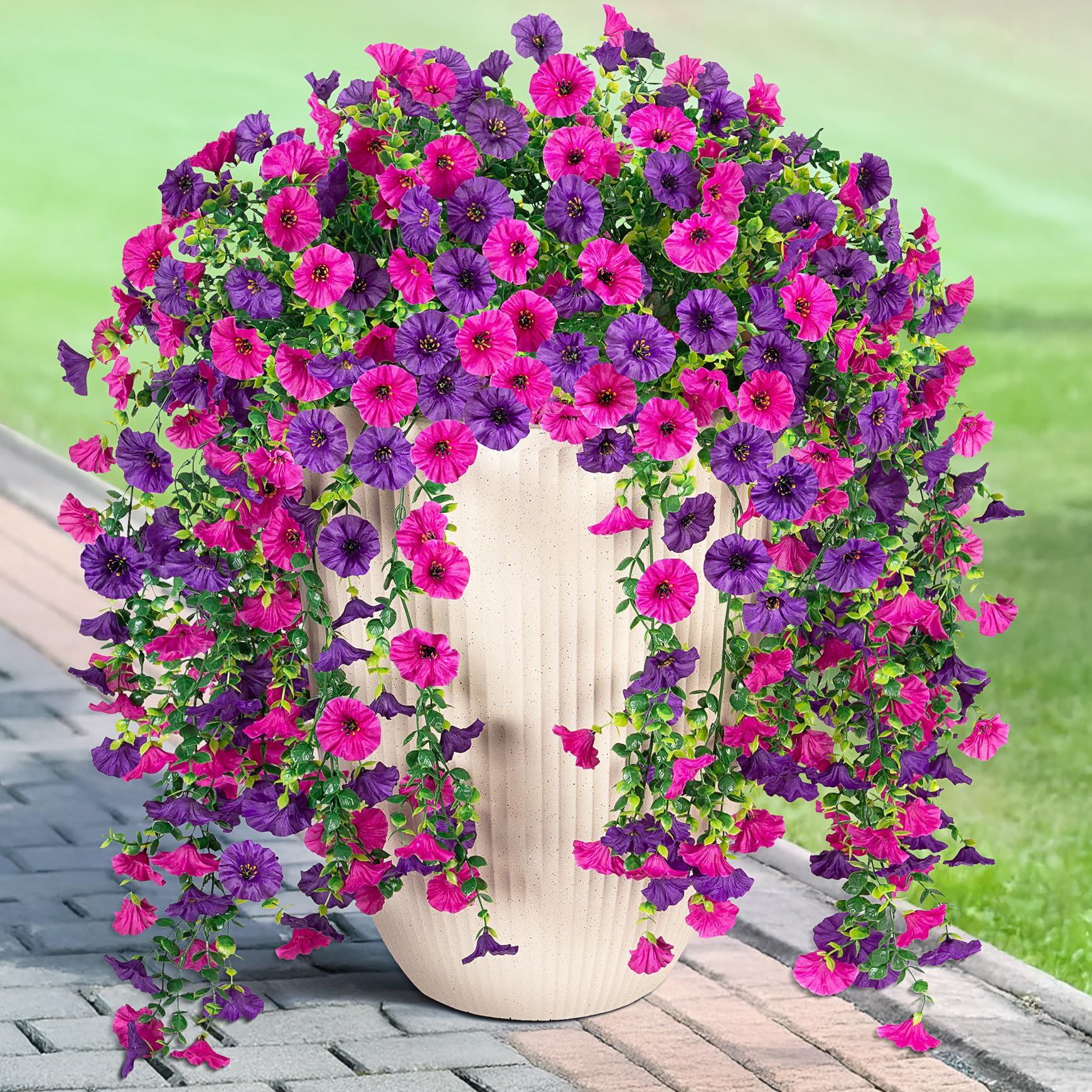 Artificial Hanging Petunias Flowers for Outdoor, 2pcs Fake Plants Long Vine Morning Glory Eucalyptus, UV Resistant Realistic Faux Greenery Indoor