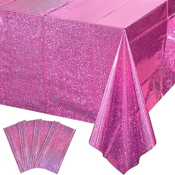 4 Pack Iridescence Plastic Tablecloths Shiny Disposable Laser Rectangle Table Covers Holographic Foil Tablecloth Iridescent Kpop Birthday Bridal Wedding Christmas Party Decoration, 54" x 108" Pink