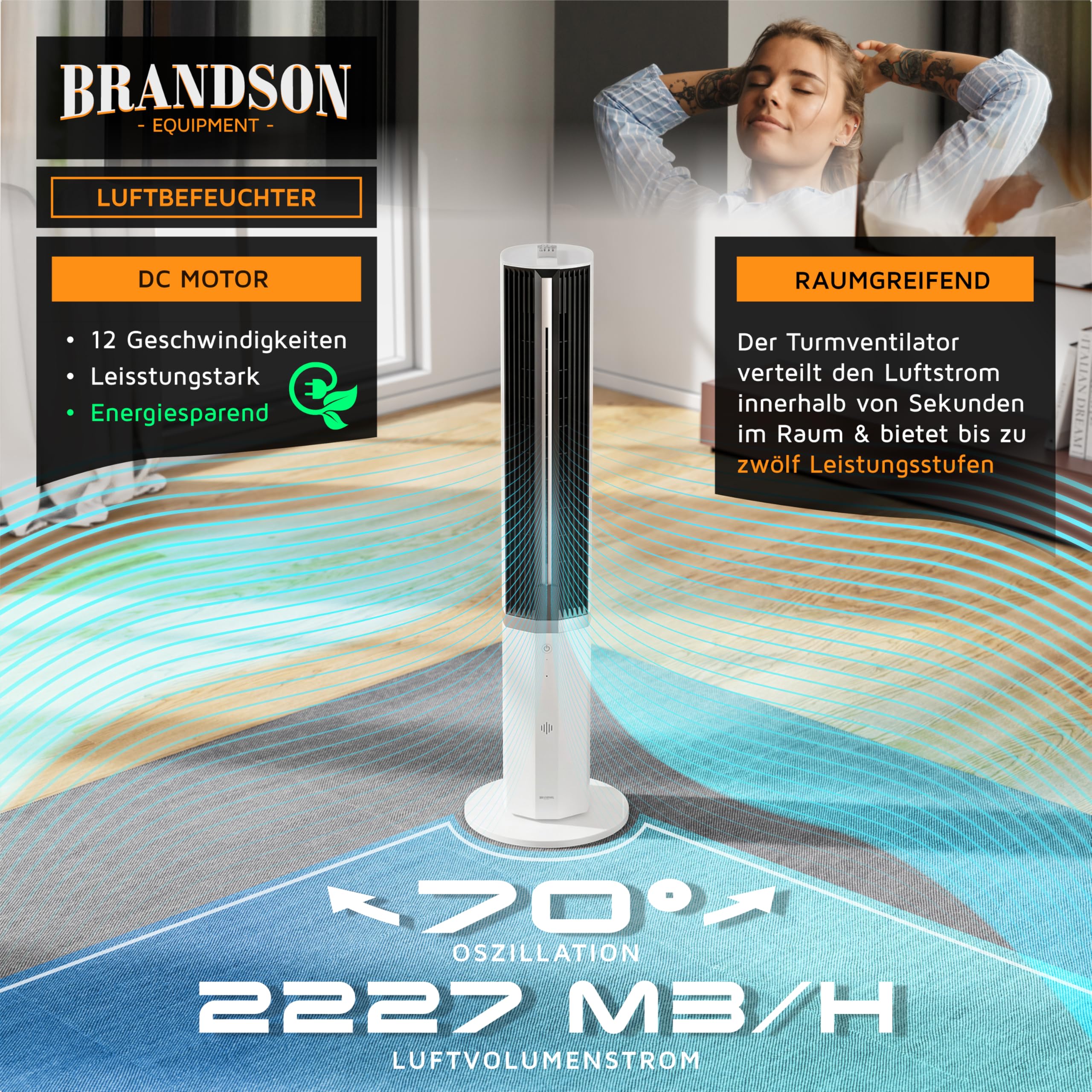 Brandson - mobiles Klimagerät inkl. Luftbefeuchter - Sieger Ventilatoren und Luftkühler 2026 - Turmventilator mit Wasserkühlung - DC Motor sehr leise – 12 Geschwindigkeiten - Fernbedienung