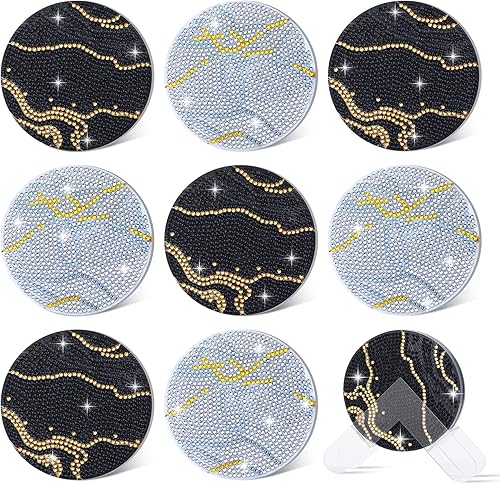 Rumia 8 posavasos de pintura de diamantes de mármol para bebidas bricolaje de mármol blanco y negro posavasos de arte de diamantes de mármol para