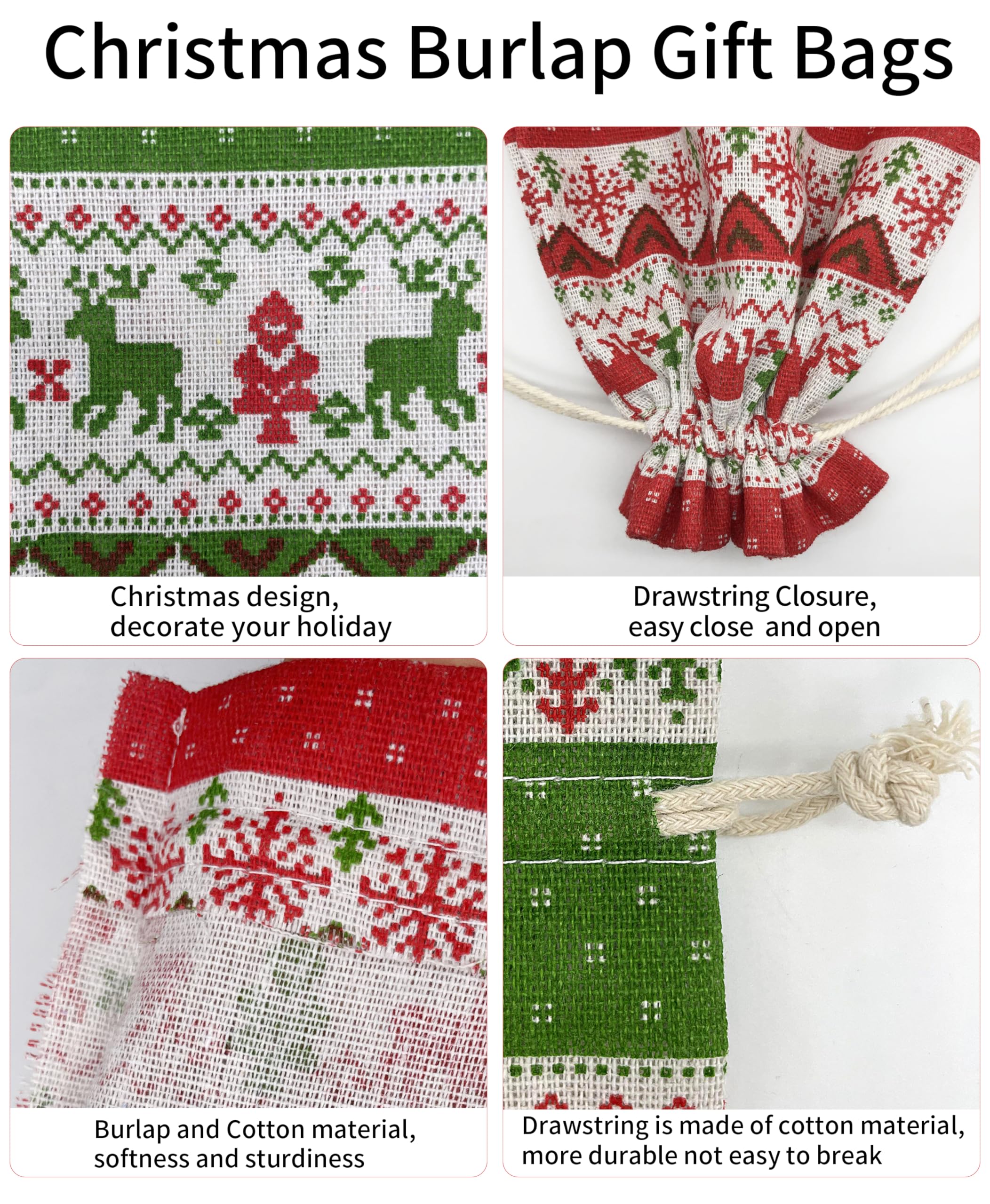 Jexila 24 x Weihnachts-Geschenktüten aus Jute, 15,2 x 22,9 cm, groß, mit Kordelzug, für Süßigkeiten, Leckereien, wiederverwendbar, für Weihnachten, Leinen, Party, Geschenke, Geschenktüten