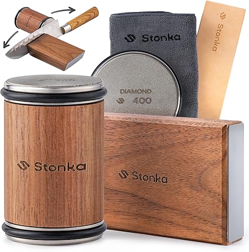 Miniatura 8 de Kit de afilador de cuchillos rodante de roble Stonka – Juego de ruedas de diamante de doble grano (400/1000), afilador de cuchillos fácil de usar