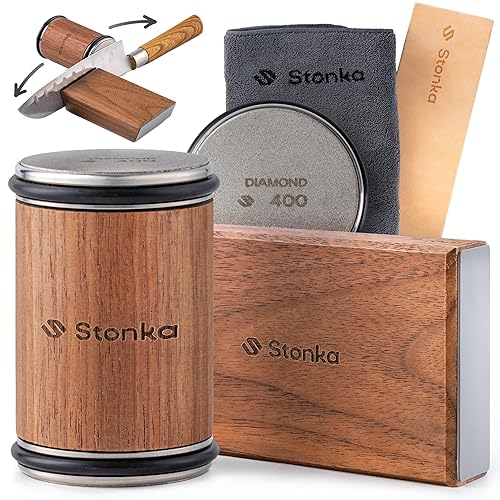 Stonka Walnut Rolling Knife Sharpener Kit – Dual-Grit Diamond Wheels Kit (400/1000), Easy to Use Knife Sharpener Roller with Magnetic Holder with 15° & 20°, Leather Strap - Walnut