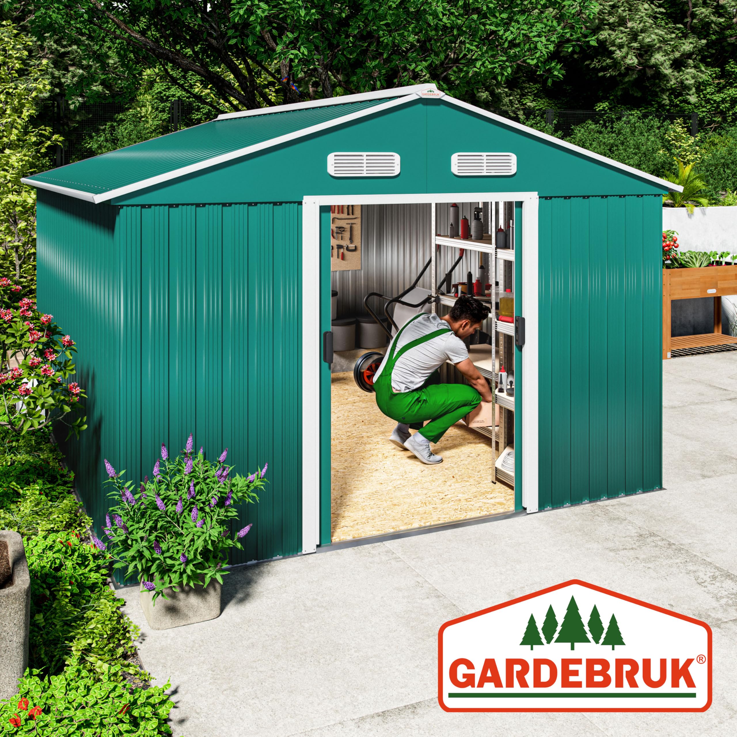 GARDEBRUK® Cobertizo de Jardín 8 m² 312x257x178 cm Caseta Metálica Exterior 15m³ con Base Puerta Corrediza Verde