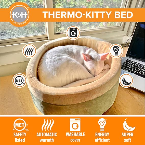 K&H Pet Products Thermo-Kitty Bed Heated Cat Bed for Indoor Cats, Electric Warming Bed for Cats and Small Dogs, Washable Thermal Plush Calming Round Pet Bed - Small 16 Sage/Tan