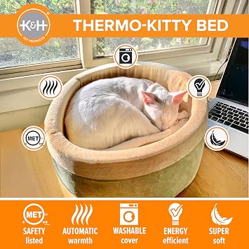 K&H Pet Products Thermo-Kitty Bed Heated Cat Bed for Indoor Cats, Electric Warming Bed for Cats and Small Dogs, Washable Thermal Plush Calming Round Pet Bed - Small 16 Sage/Tan