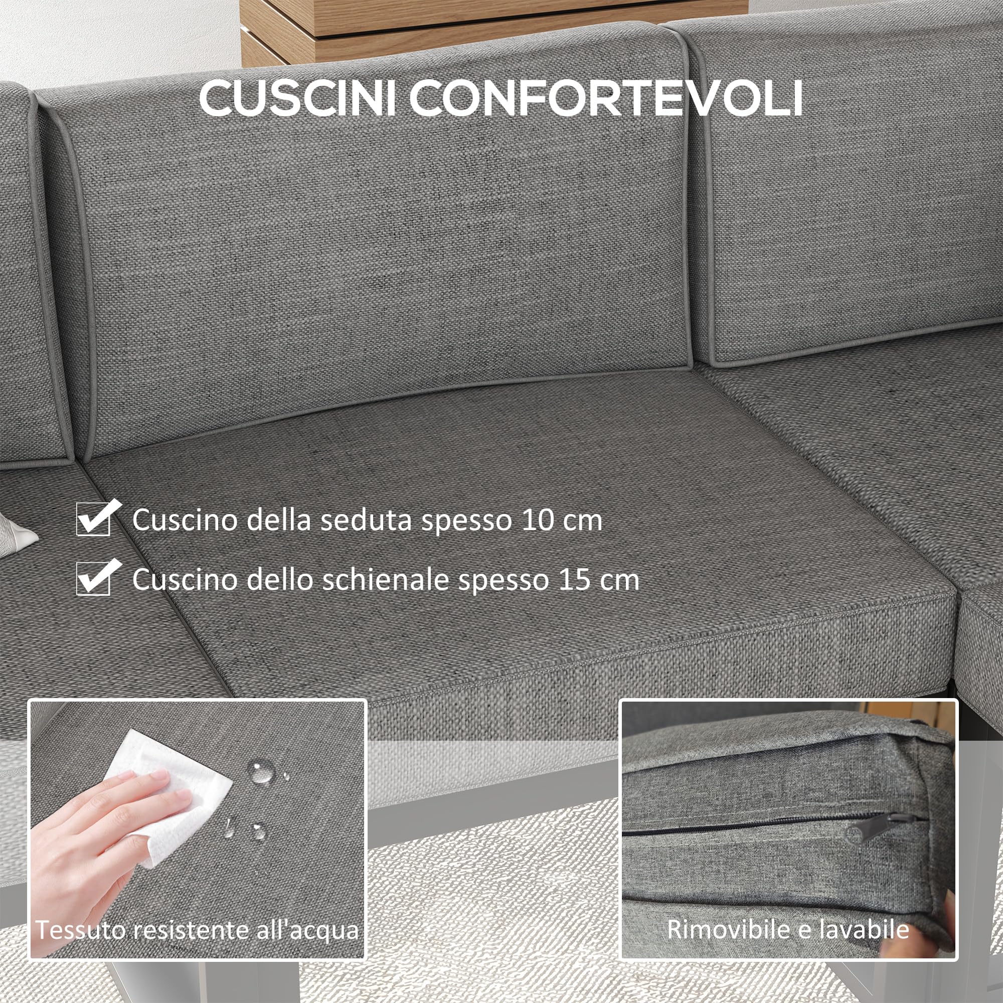 Outsunny Salotto da Giardino con Divano e Tavolino, Set 6 Pezzi in Alluminio con Cuscini Imbottiti, Tavolino con Piano Effetto Legno, Grigio