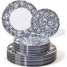 Hioasis Blue Plastic Plates, Blue Floral & Gold Rim, 60 Pcs for 30 Guests